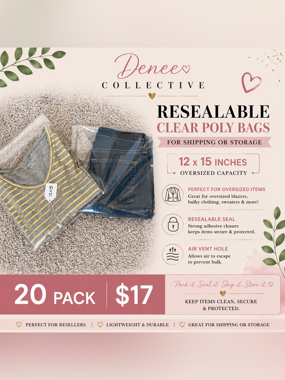 12 x 15 Clear Resealable Clothing Poly Bags 20 Count